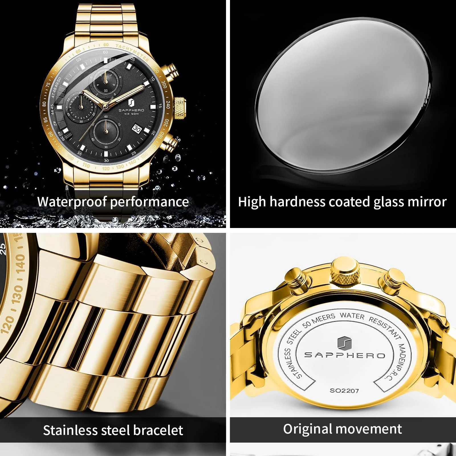 Годинник SAPPHERO Чоловічий Хронограф Аналоговий Кварцовий, 50м Водонепроникний, фото №5 Годинник SAPPHERO Чоловічий Хронограф Аналоговий Кварцовий, 50м Водонепроникний, фото №5