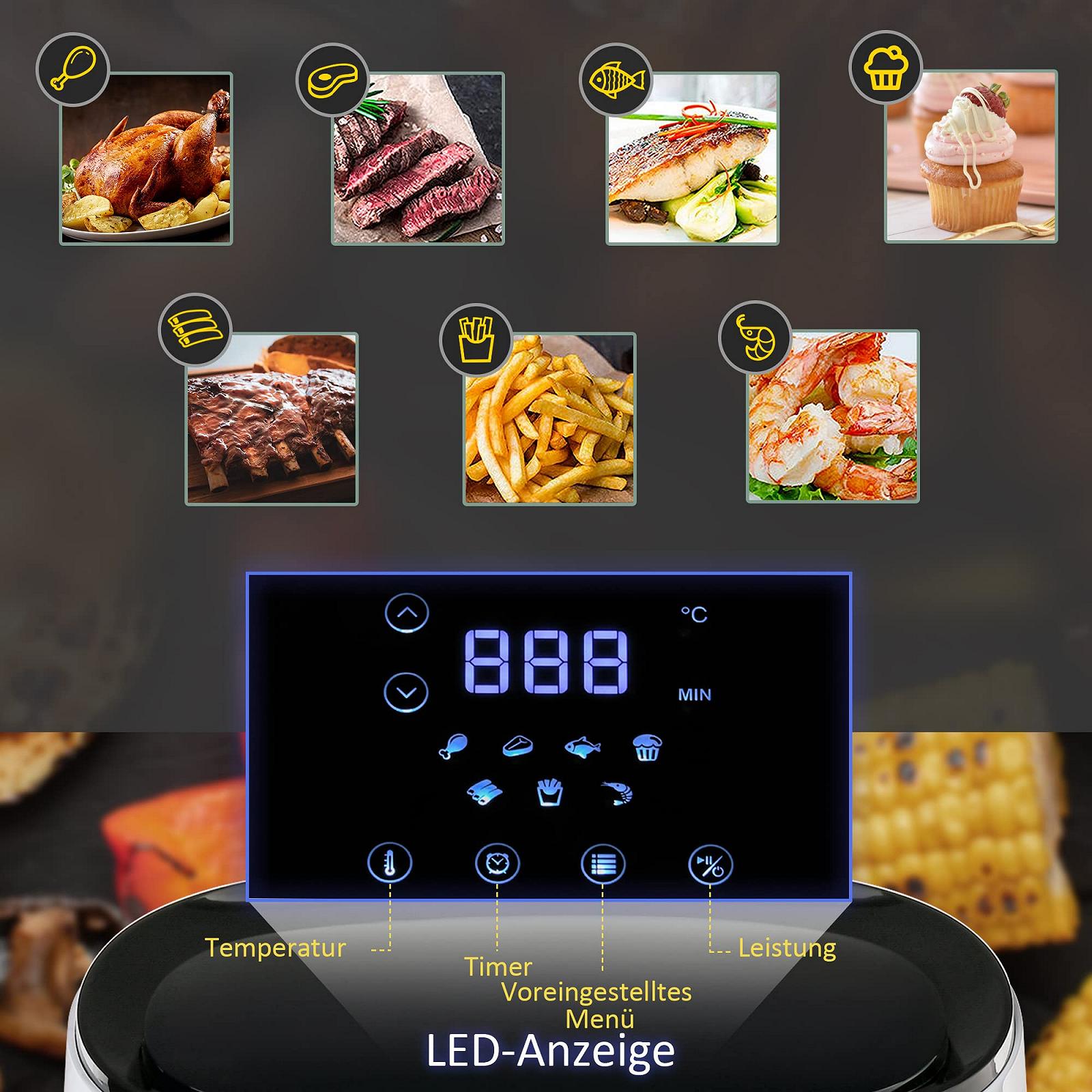 Аэрофритюрница HOMCOM 2.5 L 1300 W 7 Меню Антипригарная корзина Белый + Чёрный 33.9 x 24.9 x 29.9 см, фото №3