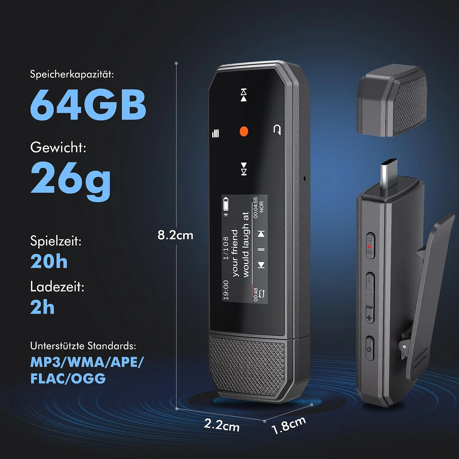 MP3 плеєр портативний 64GB Bluetooth 5.3, запис в один клік, кліпса, FM-радіо, підключення до мобільного телефону, незалежна кнопка гучності, фото №5
