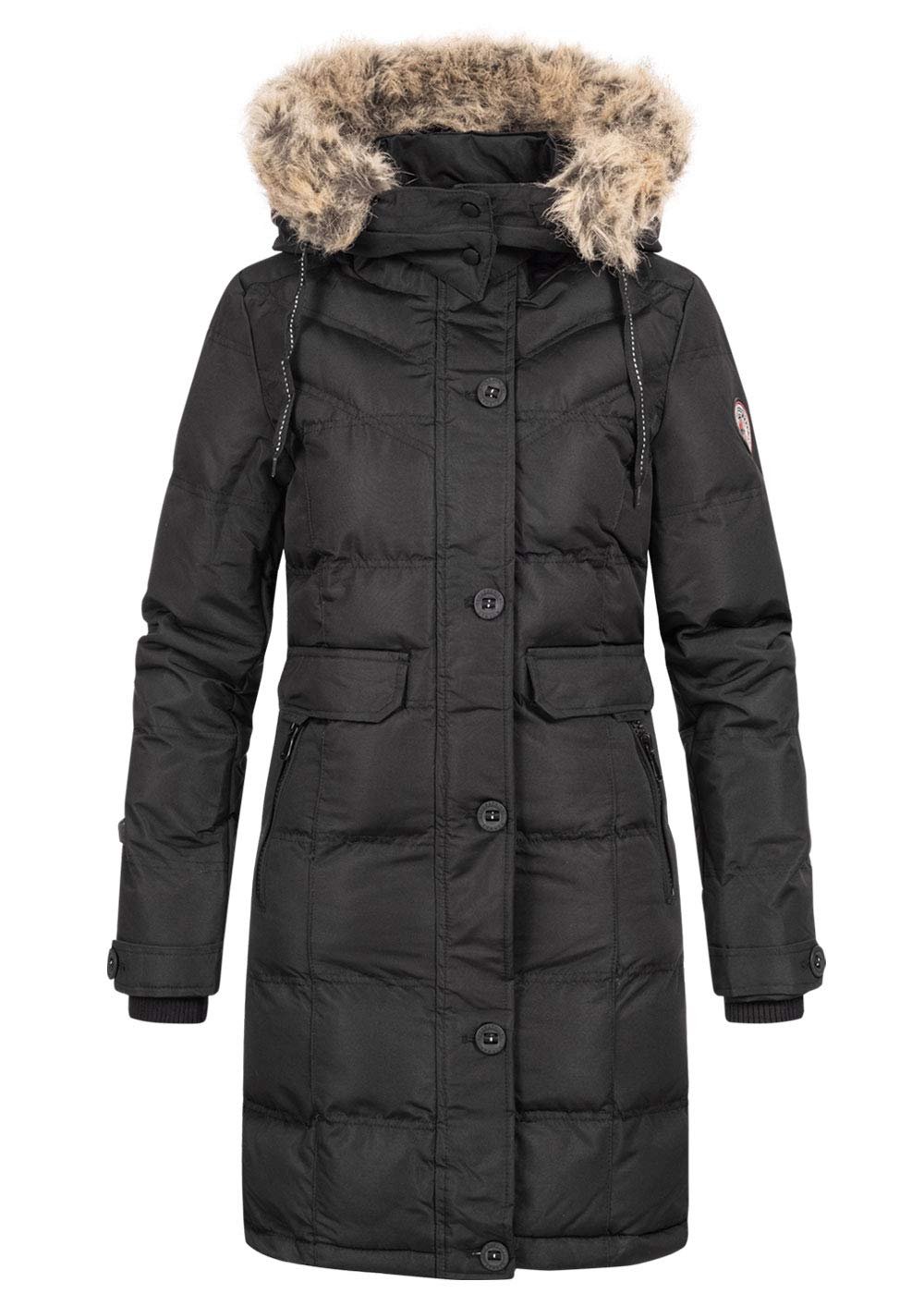 Женская зимняя парка Geographical Norway с капюшоном, искусственным мехом, съемными штормовыми манжетами и нашивками, темно-синяя, фото №3