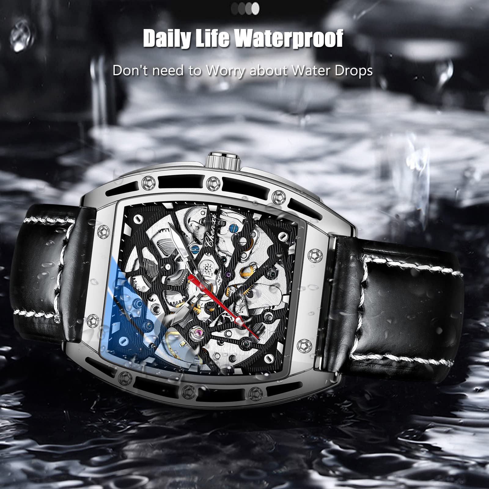 Часы rorios Мужские Автоматические Механические Кожаный Ремешок Бочкообразный Люминесцентный Скелетон Циферблат Наручные Часы, фото №5