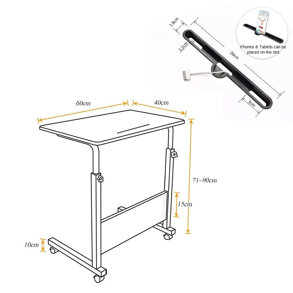Столик для ноутбука SogesHome 60 x 40 см, прикроватный столик на колесах, регулируемый по высоте, мобильный компьютерный столик, небольшой письменный стол с выемкой, обеденный столик, фото №3