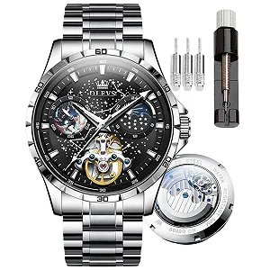 Мужские Автоматические Часы OLEVS Starry Sky Skeleton Tourbillon Механические с Автоподзаводом, Водонепроницаемые, Люминесцентные, Ремешок из нержавеющей стали, 6689, Черный циферблат, Стальная полоска, Классические - Фото 1