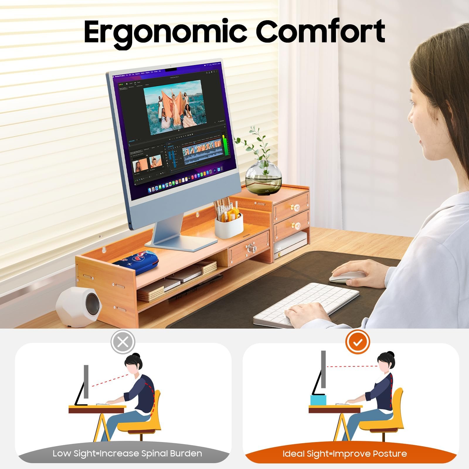 Подставка для монитора с функцией хранения Large Computer с ящиком 65.5 x 20 x 13.5 см, фото №3