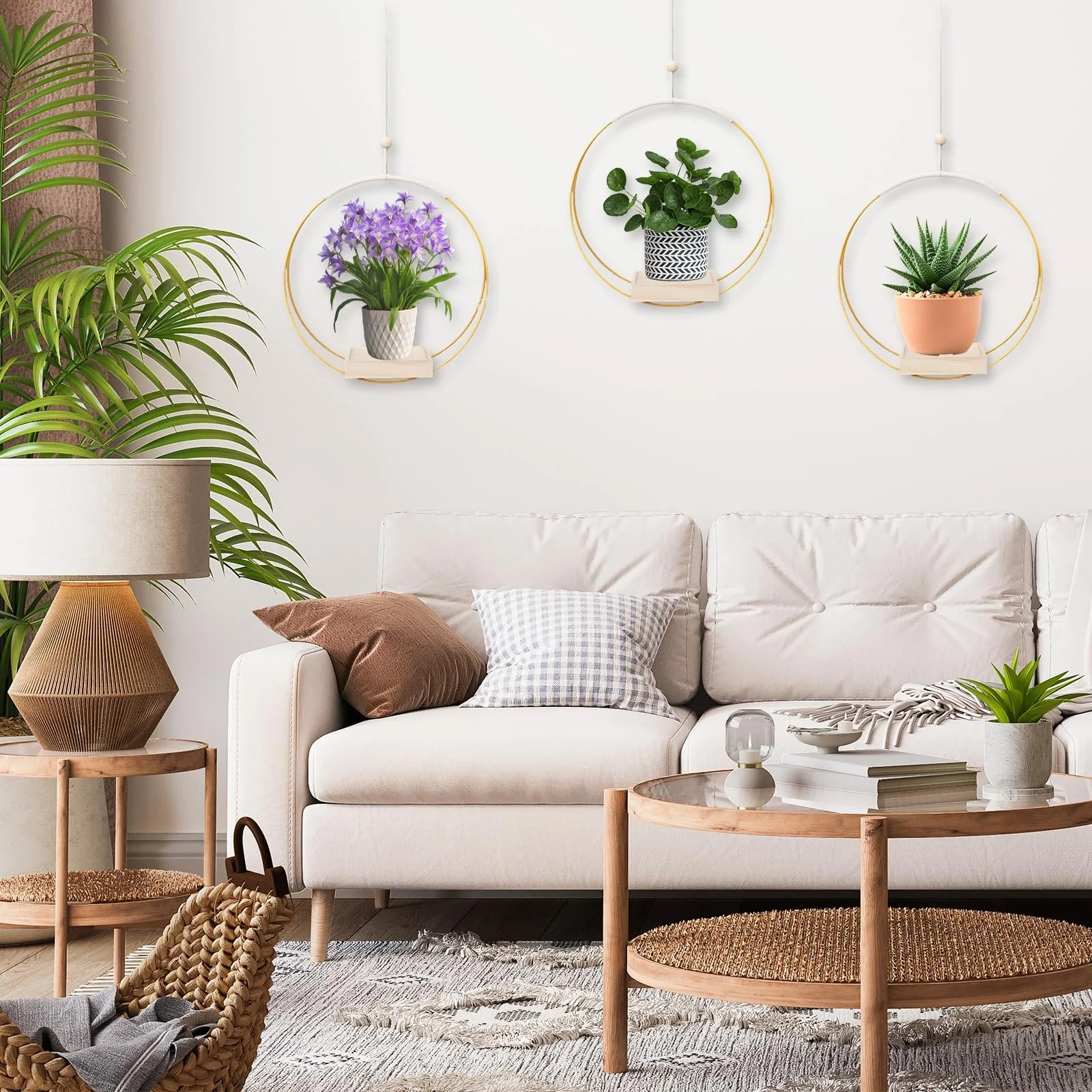 Подвесной вазон Металлическое кольцо с деревянным основанием 30 x 30 см Золотой, фото №9