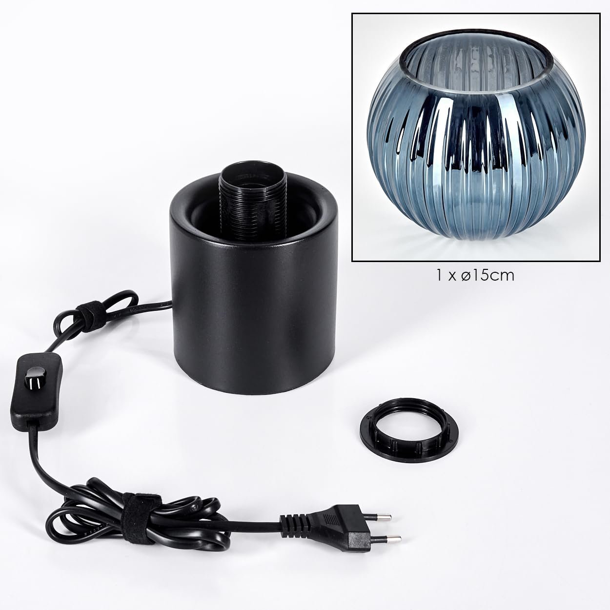 Настільна лампа HOFSTEIN Koyoto метал / рифлене скло 15 см E27 Чорний/Синій, фото №5