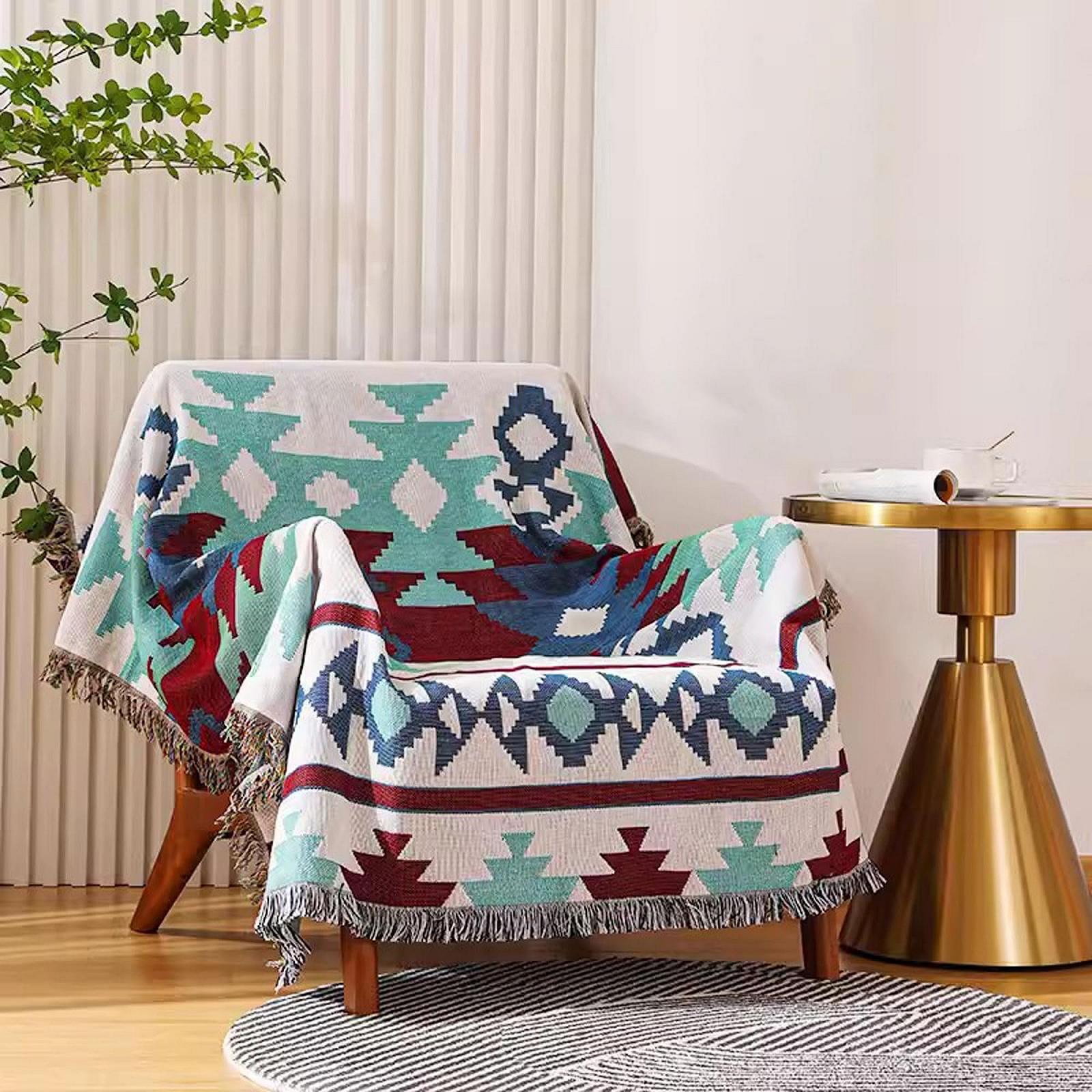 Покрывало в стиле бохо с бахромой двустороннее для дивана в этническом стиле Ацтеков многофункциональное для дома офиса путешествий кемпинга 180 x 230 см, фото №3