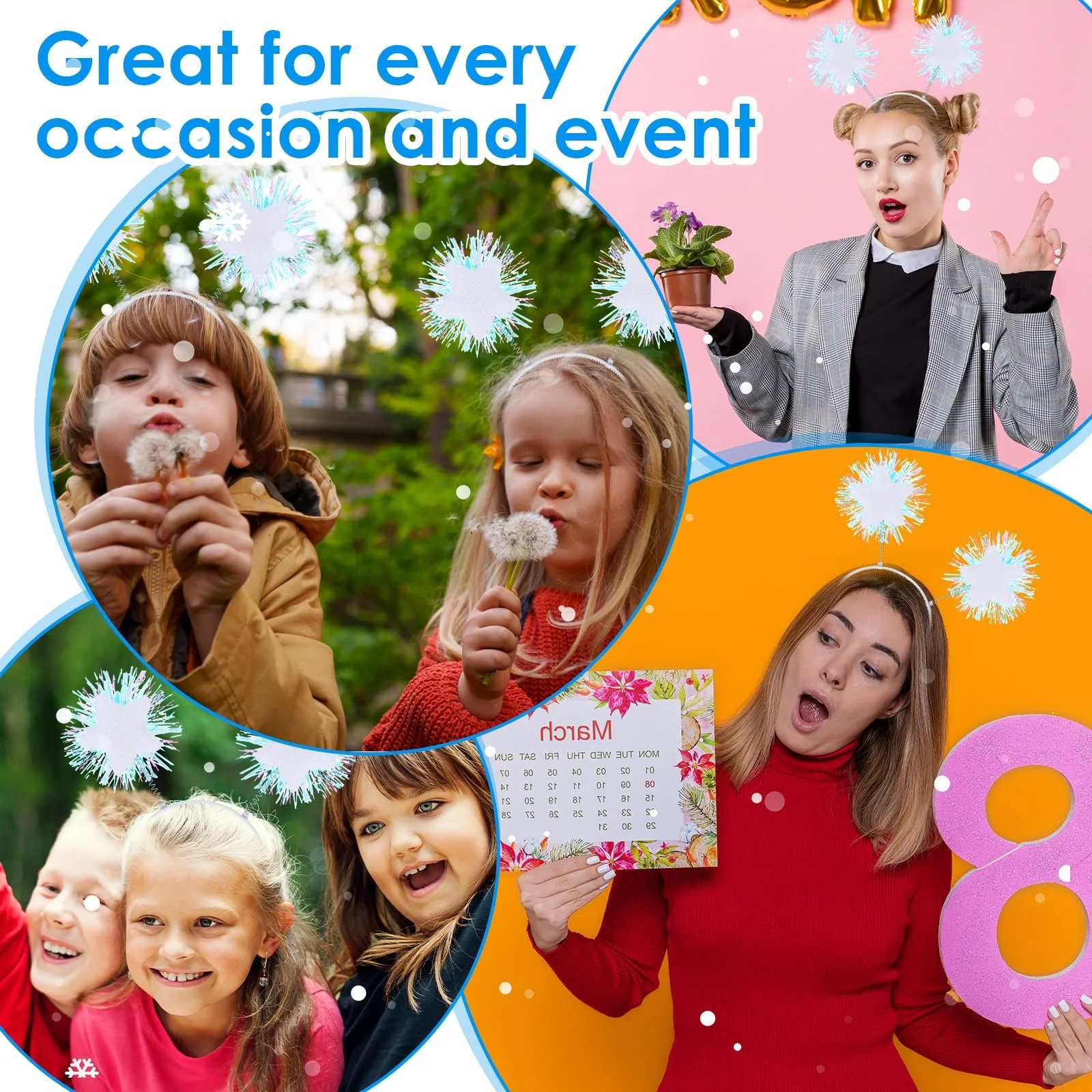 Обруч для волосся з фольгованими смужками, помпоном і блискучими зірками, білий, фото №7