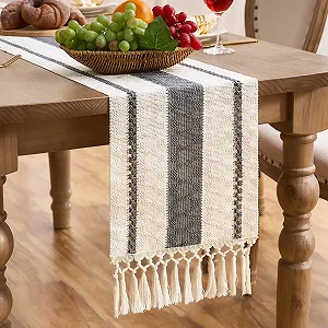 Купити Ранер Modern Boho Macrame 30 x 140 см бавовна та льон з китицями сіра - Фото 1 Ранер Modern Boho Macrame 30 x 140 см бавовна та льон з китицями сіра - Фото 1