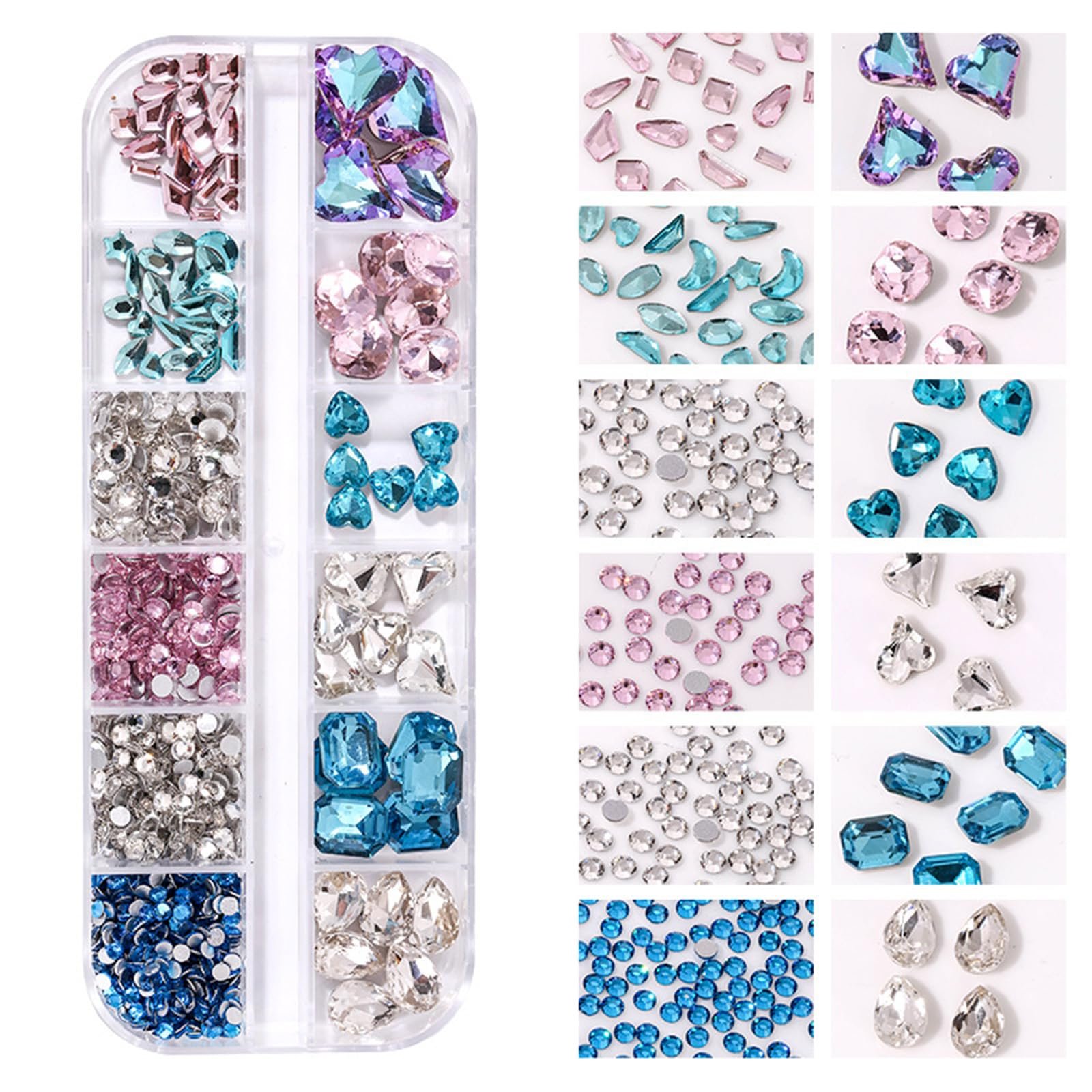 Набор страз для ногтей Jemora 12 ячеек, фигурные стразы, острые стразы, комбинированный набор, набор страз для ногтей своими руками, фото №2