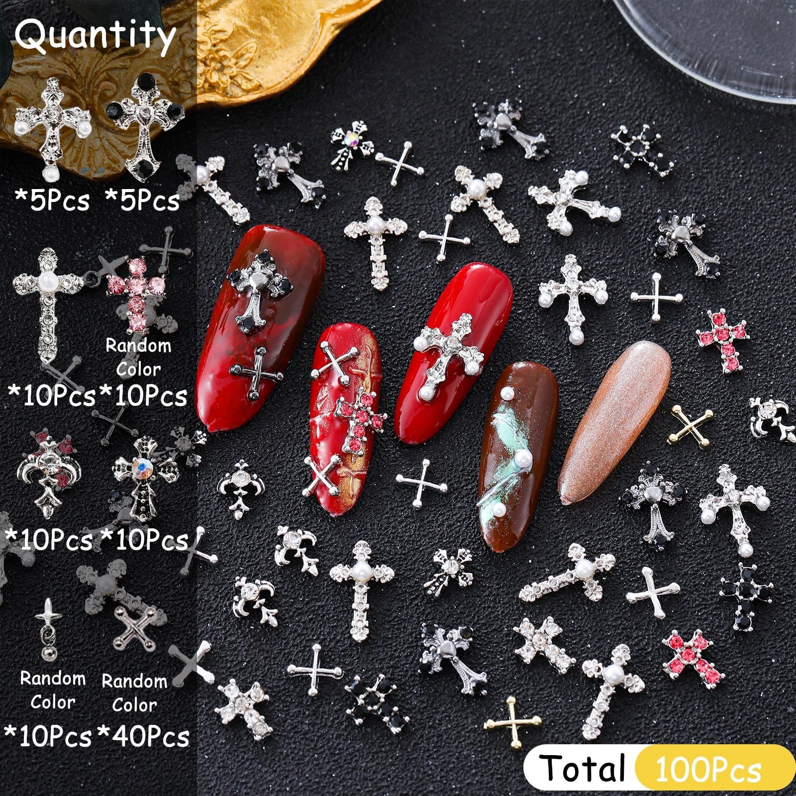 Украшения для ногтей Крестики, 3D украшения для дизайна ногтей, жемчуг, бриллианты, металлические кристаллы, 100 шт, фото №3