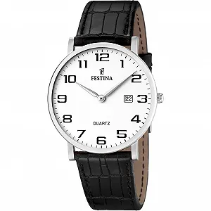 Часы Festina Clasico F16476/1 Серебристый корпус из нержавеющей стали, черный кожаный ремешок, белый/черный - Фото 1