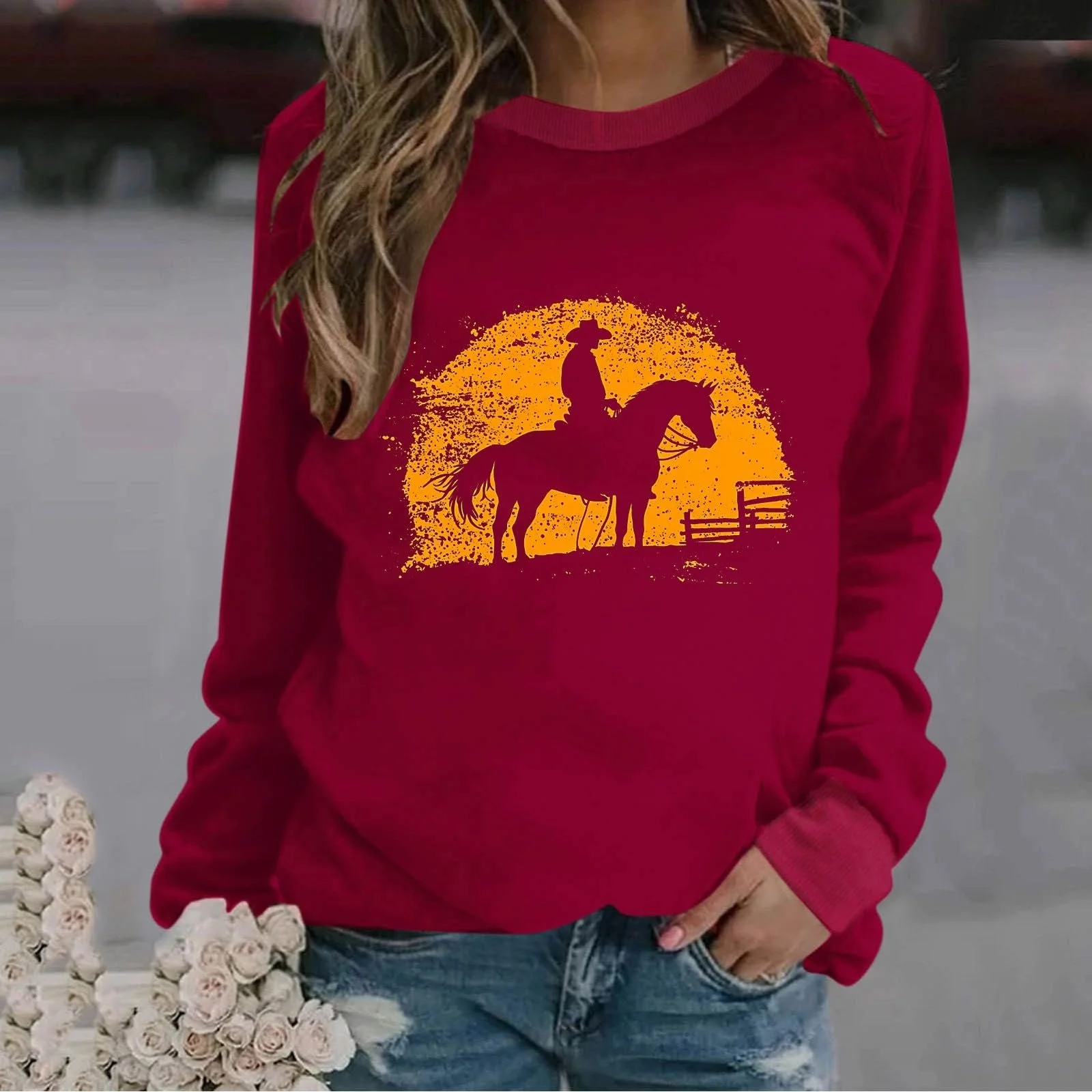 Лонгслив Komiseup Basic Круглый вырез Свободный Свитшот без капюшона Western Cowboy Принт Свитшот Праздничная Спортивная рубашка Модный топ с принтом лошади для девочек-подростков Streetwear 16, фото №2