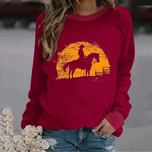 Лонгслив Komiseup Basic Круглый вырез Свободный Свитшот без капюшона Western Cowboy Принт Свитшот Праздничная Спортивная рубашка Модный топ с принтом лошади для девочек-подростков Streetwear 16 synthetic.ua - Фото 1