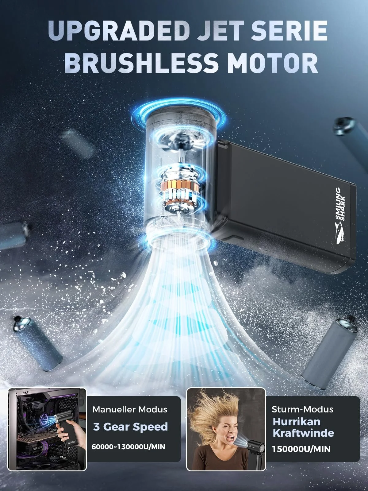 Електрична повітродувка Smiling Shark J02 Super Power 150,000 rpm 8000 mAh Чорний, фото №3 Електрична повітродувка Smiling Shark J02 Super Power 150,000 rpm 8000 mAh Чорний, фото №3