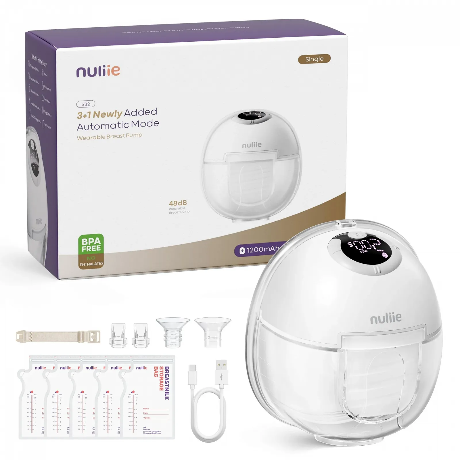 Молокоотсос электрический портативный Nuliie S32, 4 режима, 9 уровней, фланец 24 мм с LED-дисплеем, дополнительный 1 фланец 18 мм & 21 мм и сменные утиные клапаны (1 шт, Белый), фото №1 Молокоотсос электрический портативный Nuliie S32, 4 режима, 9 уровней, фланец 24 мм с LED-дисплеем, дополнительный 1 фланец 18 мм & 21 мм и сменные утиные клапаны (1 шт, Белый), фото №1