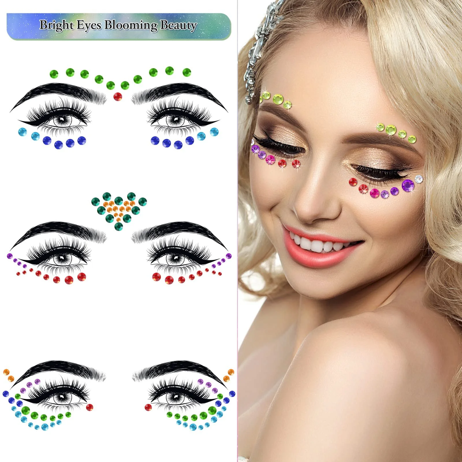 Стразы Блестящие для Лица, 14 Листов Самоклеящихся Блестящих Страз для Лица, Стразы для Наклеивания, Стразы для Макияжа Лица, Маникюра и Аксессуаров для Фестивалей, Многоцветные, 2310 шт, фото №9