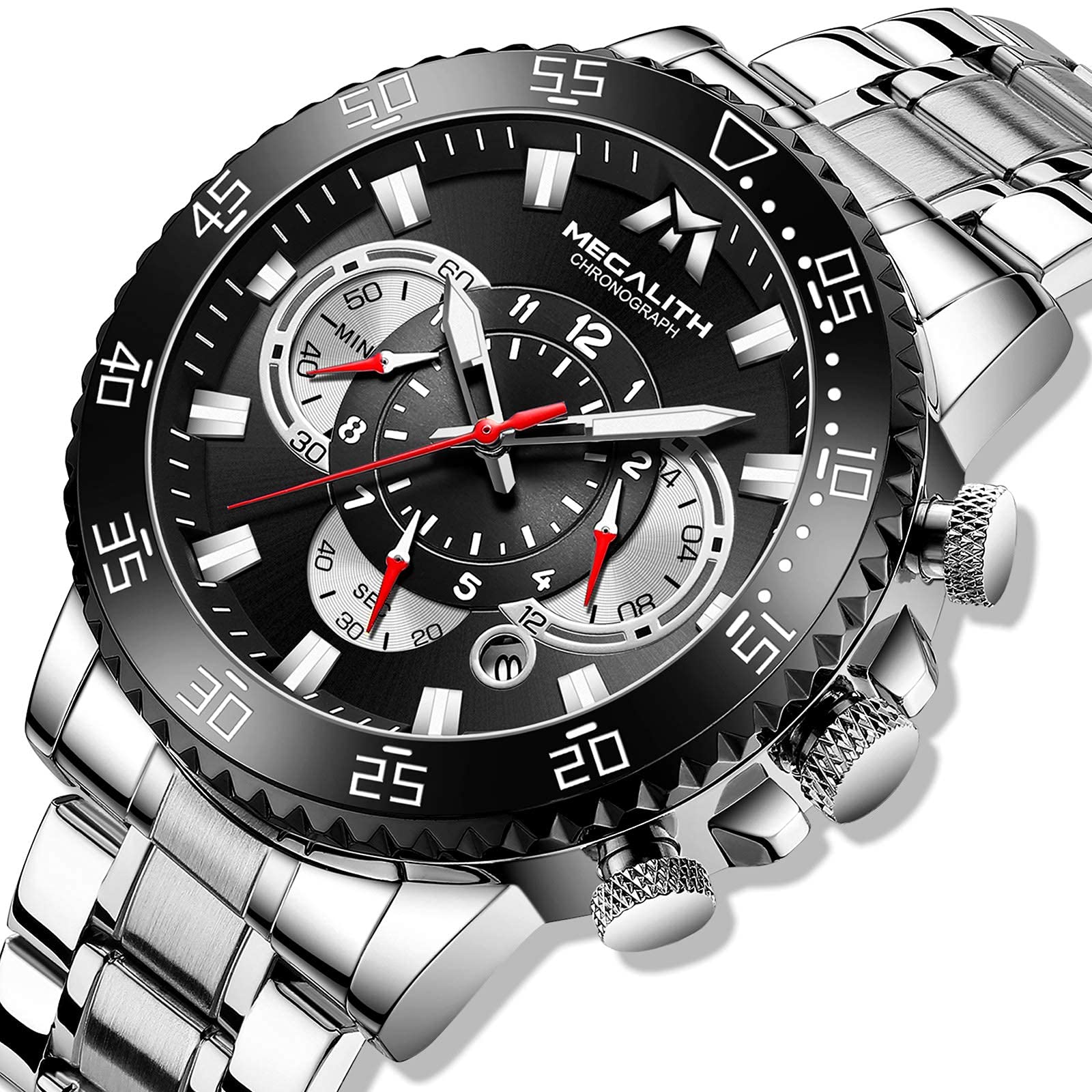 Годинник MEGALITH Чоловічий Хронограф Кварцовий 45 мм З Нержавіючої Сталі Великий Водонепроникний Світний Календар Сріблястий A0 Сріблястий Чорний Японія, фото №2