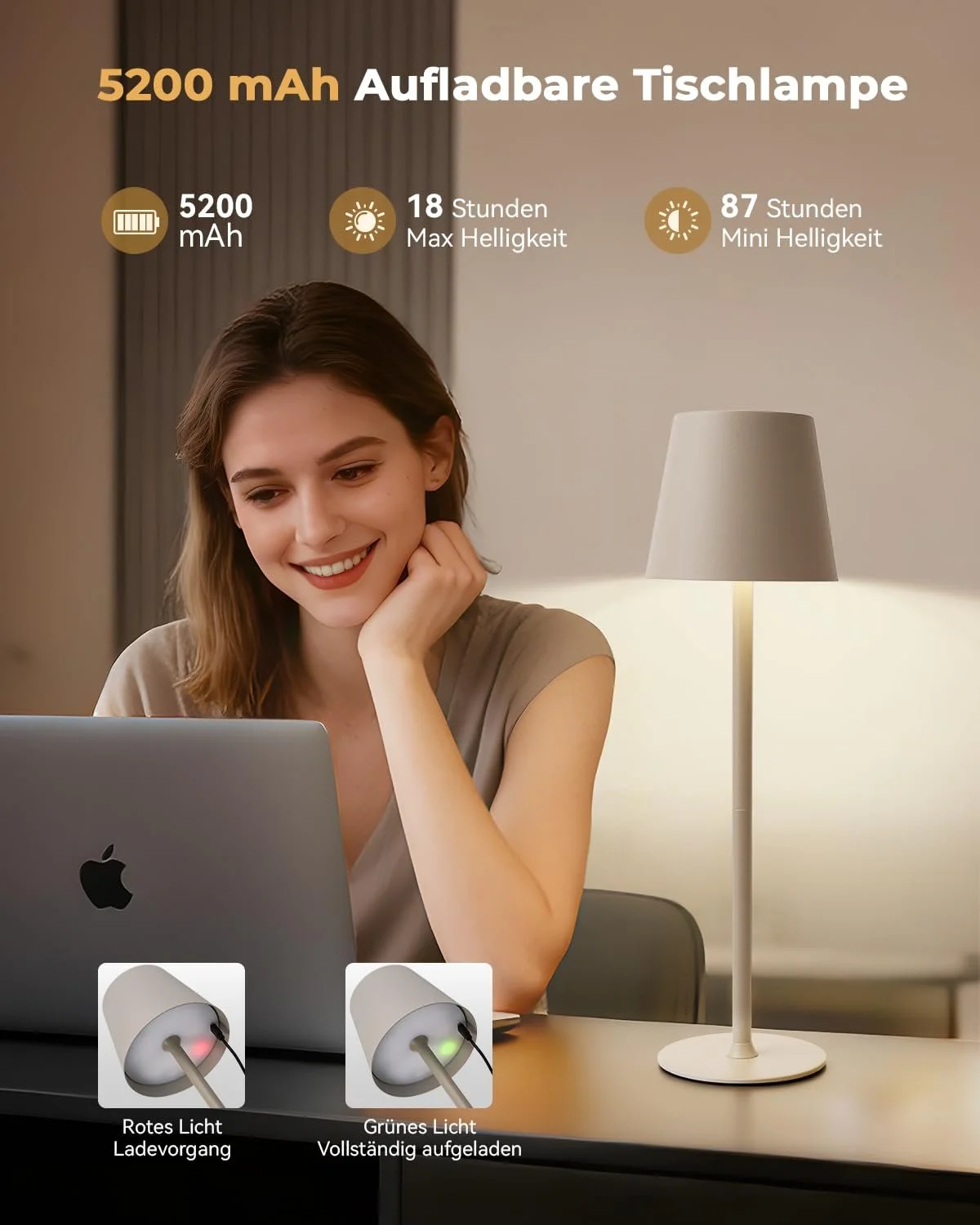 Настільна лампа акумуляторна 2 шт. LED бездротова 3 колірні температури димування 24 см / 37,5 см Бежева, фото №4