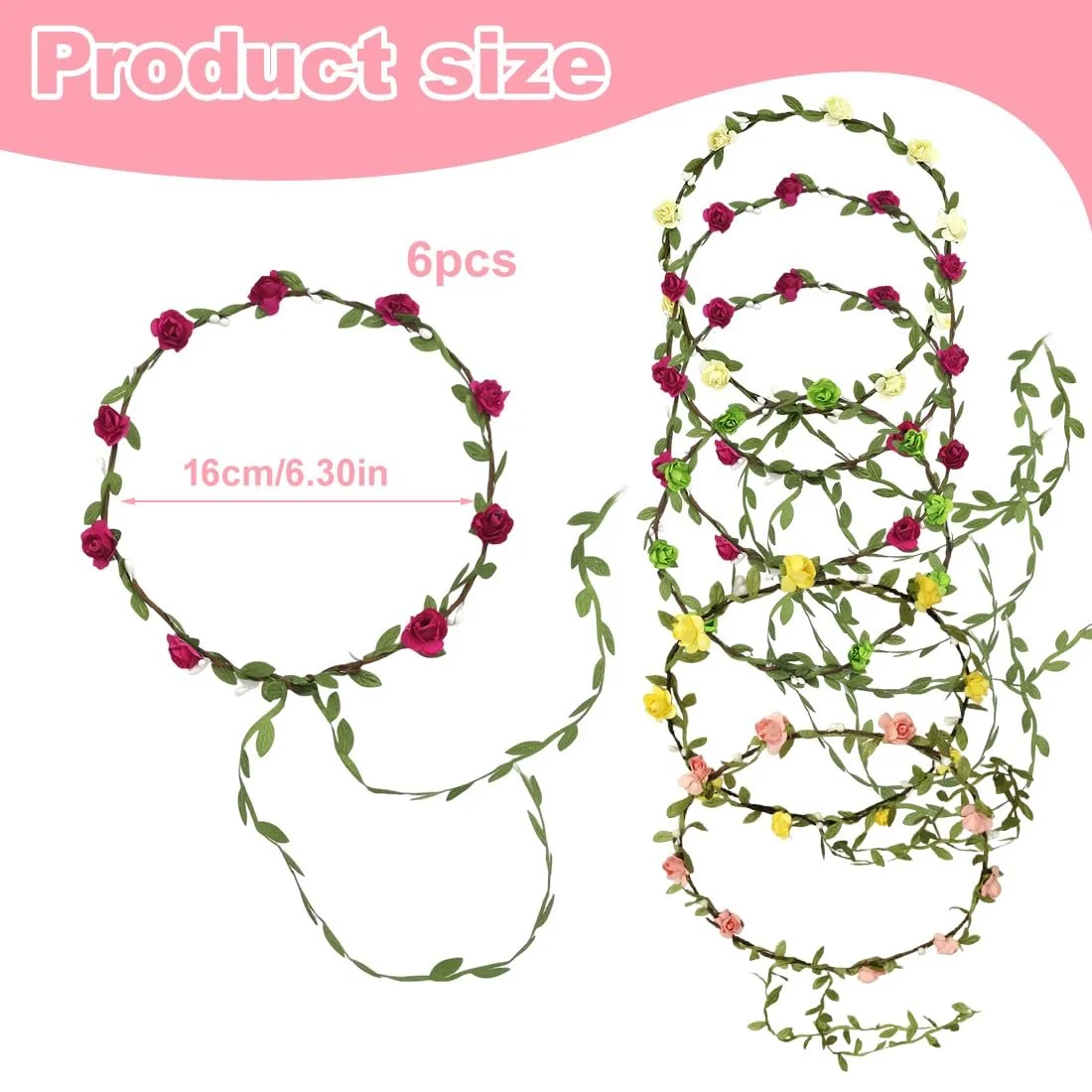 Вінок на голову у богемному стилі з квітами та листям, 6 штук, фото №2