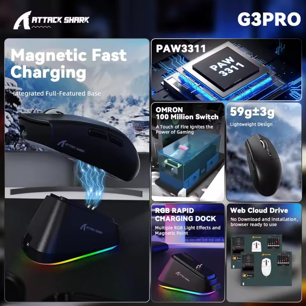 Мышь Attack Shark G3Pro White 25000DPI PAM3311 Wireless Bluetooth с зарядной базой, фото №7