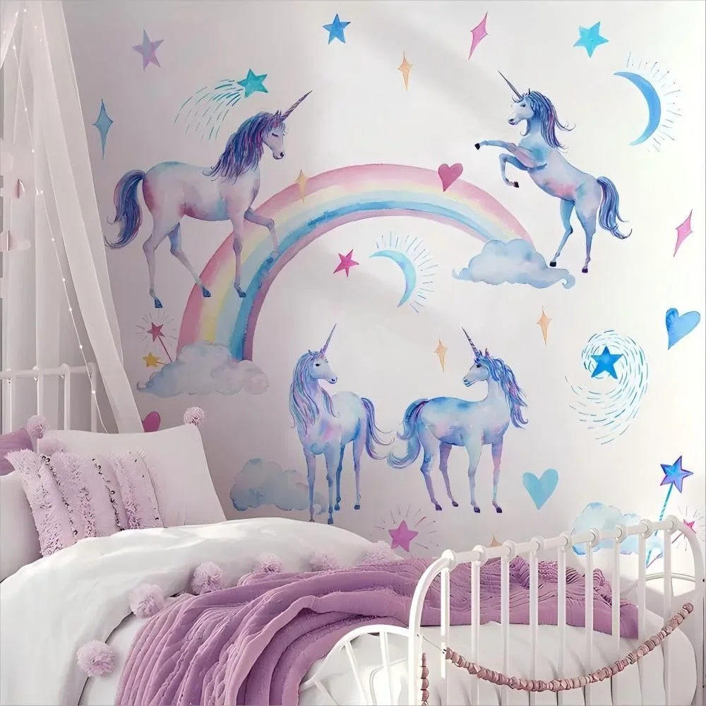 Наклейка на стіну WandSticker4U [Aqua Colour] Єдиноріг та веселка 105 x 90 см ПВХ акварель, фото №3