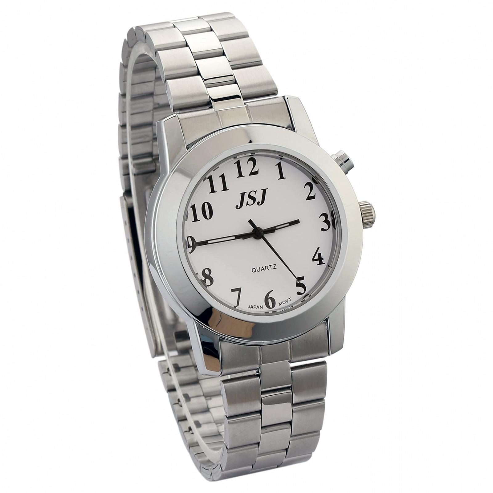 Говорящие часы VISIONU немецкие с будильником голосовая функция времени и даты белый циферблат металлический браслет с складной застёжкой, фото №1