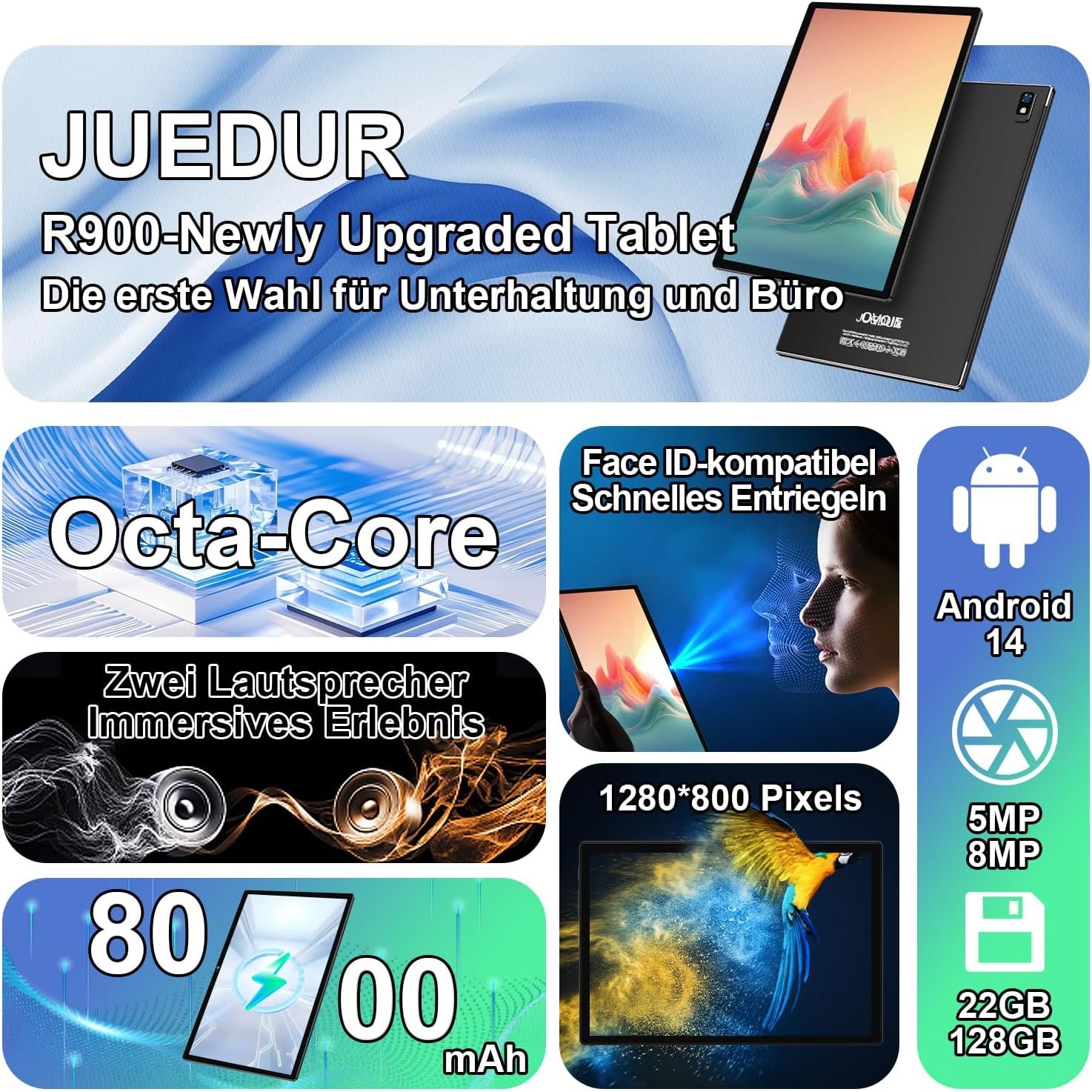 Планшет 10.1" JUEDUR R900 6+16/128Gb 8 ядер Android 14 8000 mAh Черный, фото №2
