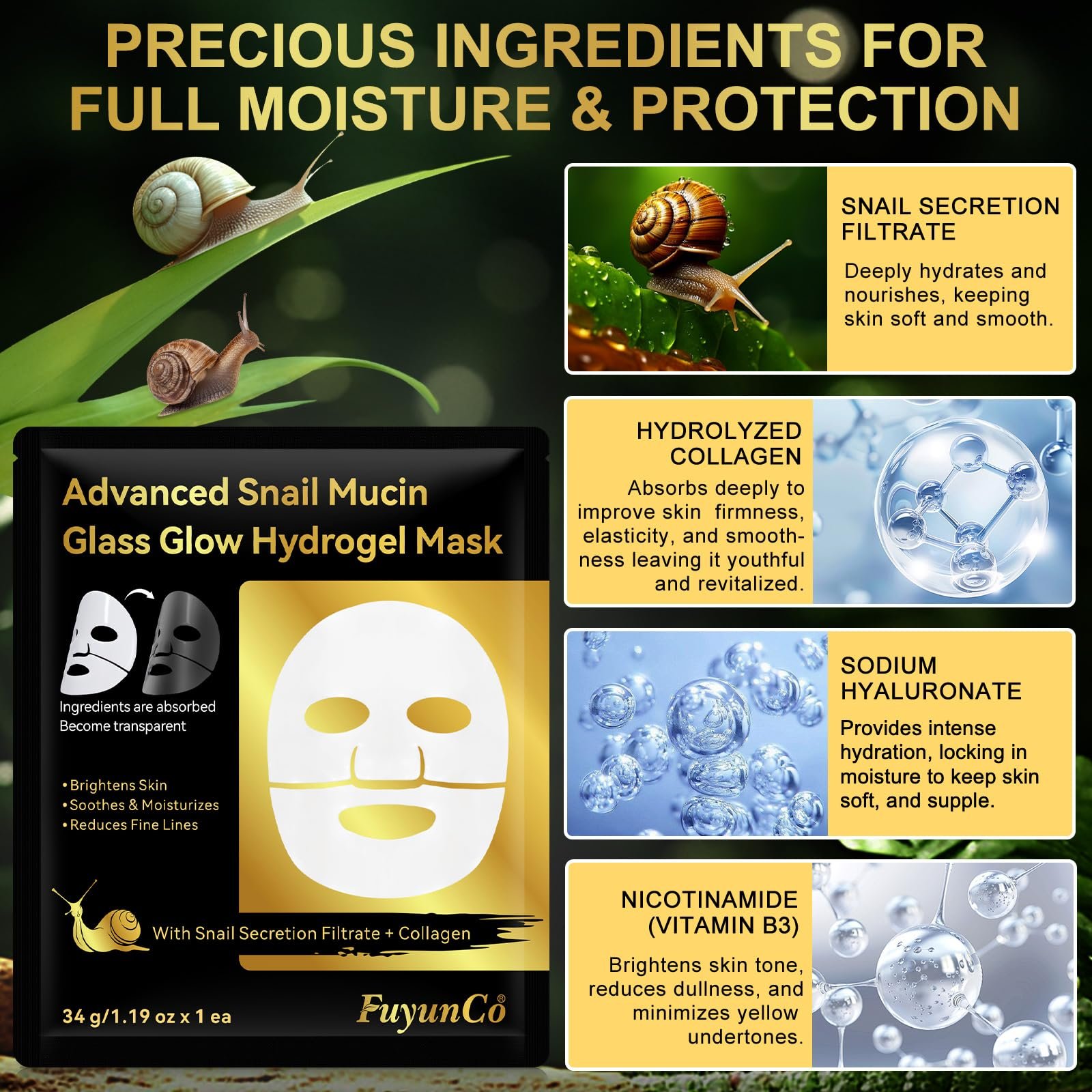 Маска для лица гидрогелевая Advanced Snail Mucin Glass Glow, коллагеновая, со слизью улитки, увлажняющая, минимизирует поры, выравнивает цвет кожи, уменьшает тонкие линии и морщины, фото №4