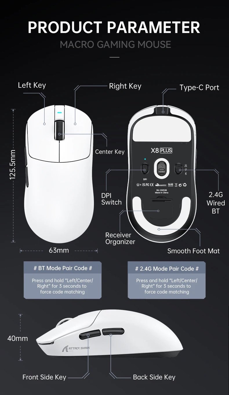 Комп'ютерна миша Attack Shark X8Plus PAW3395Pro 40000DPI 700IPS 60G 1000Hz Black, фото №12