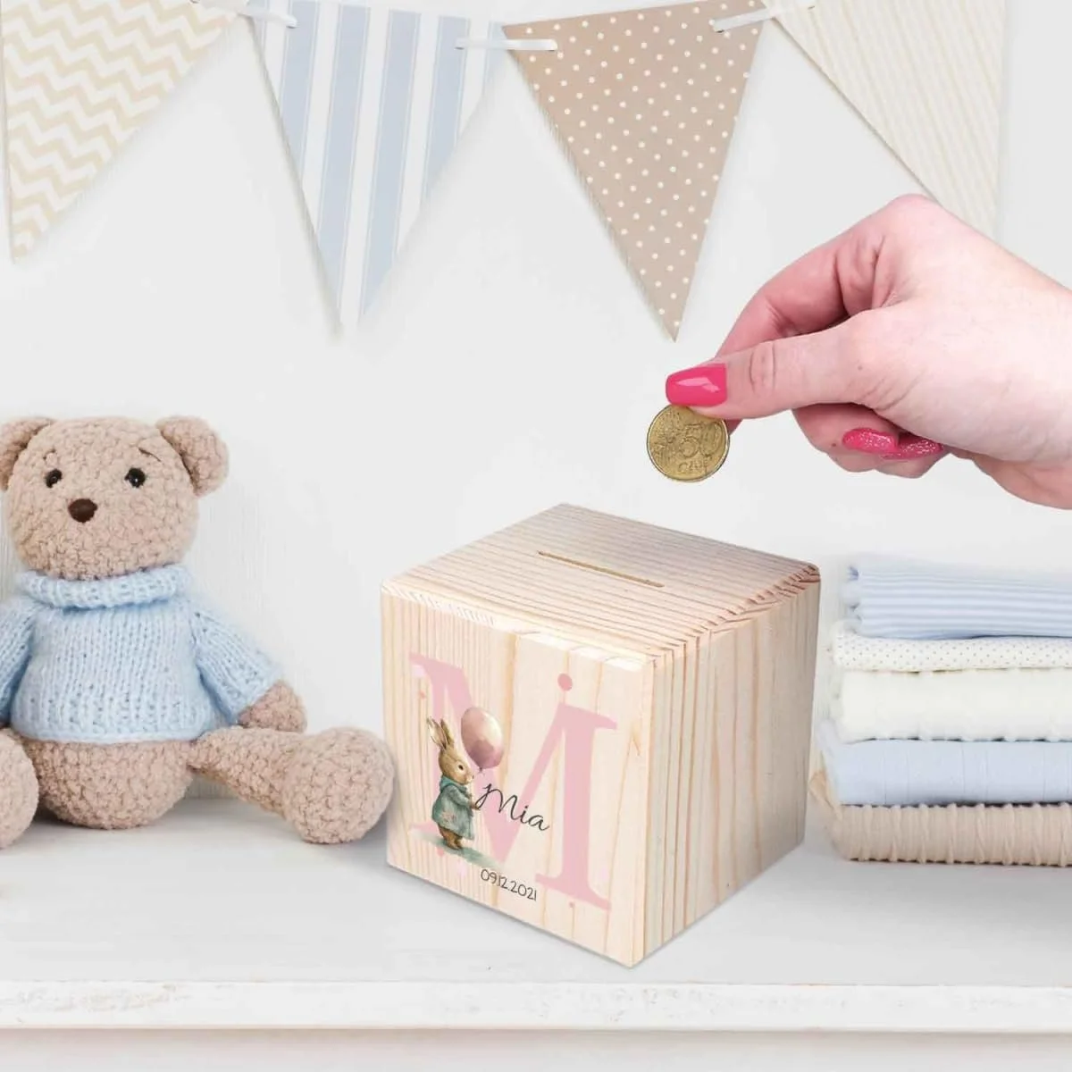 Скарбничка дерев'яна GRAVURZEILE Тваринні мотиви з монограмою Персоналізована Кролик, фото №3