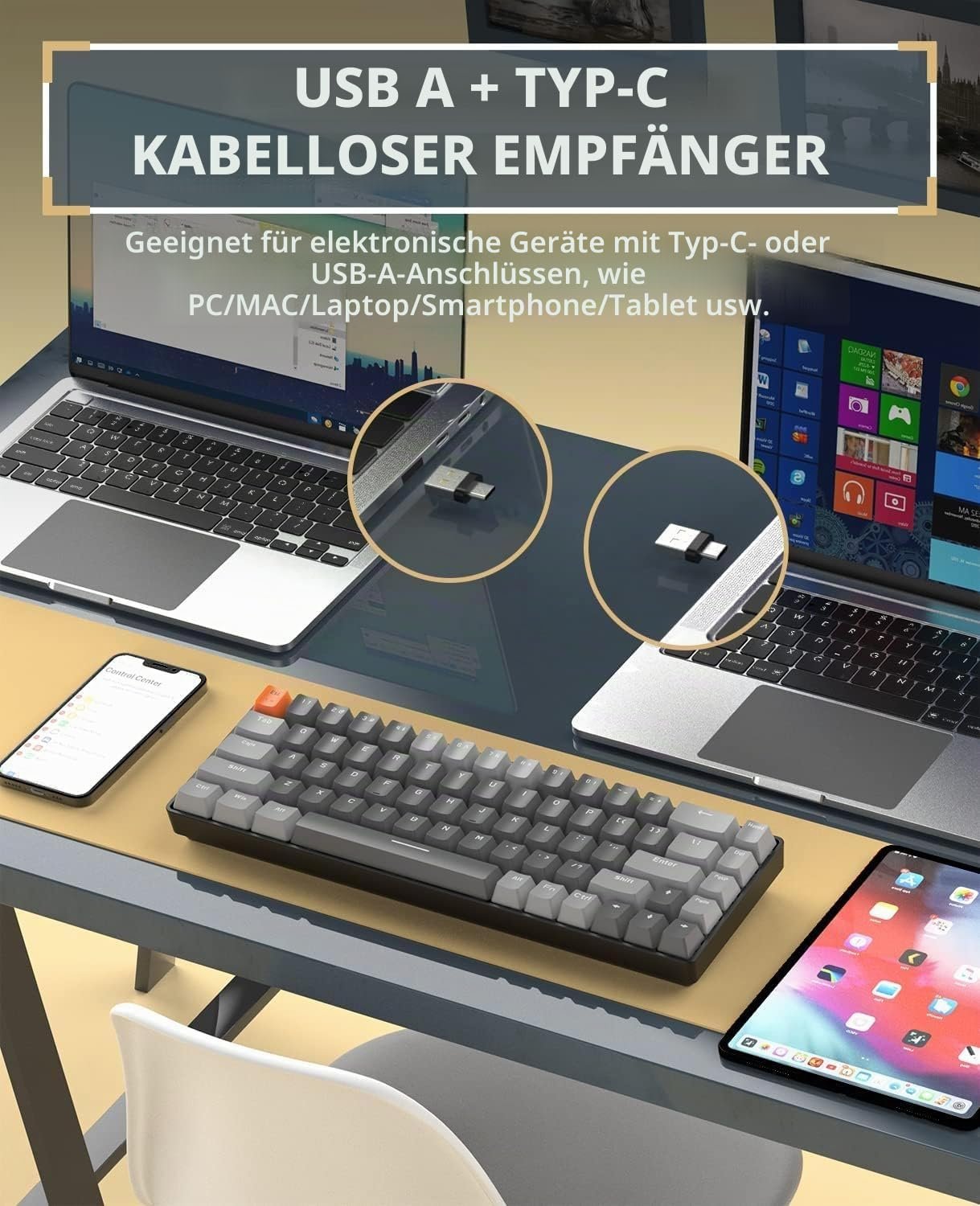 Бездротова механічна ігрова клавіатура YINDIAO K68 60% Bluetooth 5.0/2.4 GHz 68 Keys Hot Swap Blue Switch Dark Grey, фото №4 Бездротова механічна ігрова клавіатура YINDIAO K68 60% Bluetooth 5.0/2.4 GHz 68 Keys Hot Swap Blue Switch Dark Grey, фото №4