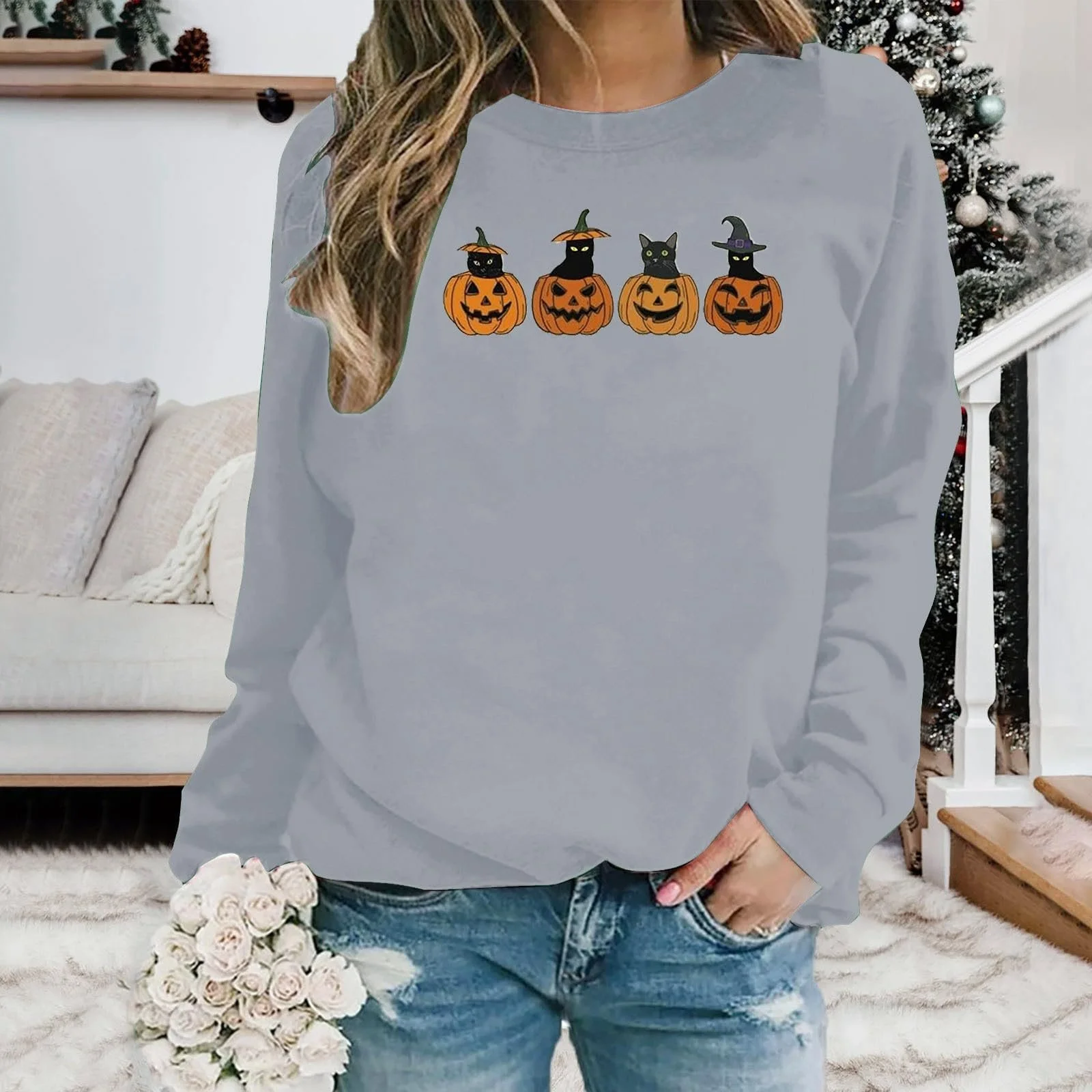 Хэллоуин Свитшот Katix Вышитая Толстовка Хэллоуин Рубашка Тыква Осенняя Толстовка для Женщин Хэллоуин Круглый вырез Сезон Летучая мышь Декоративный, фото №3