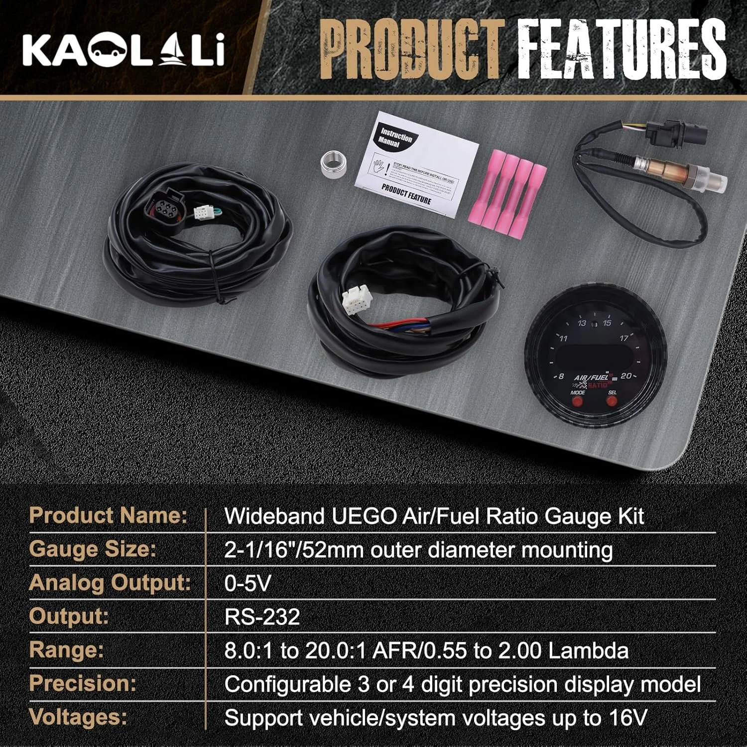 Широкосмуговий датчик співвідношення повітря/палива KAOLALI 30-0300 X-Series UEGO 52мм Чорний, фото №5