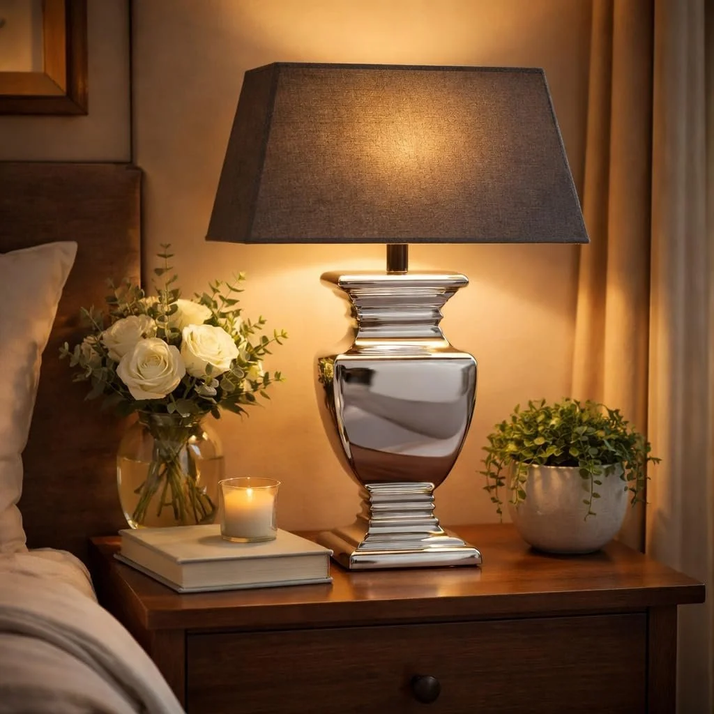 Настільна лампа Ceramic Silver Base Grey Fabric Shade 35 см, фото №5