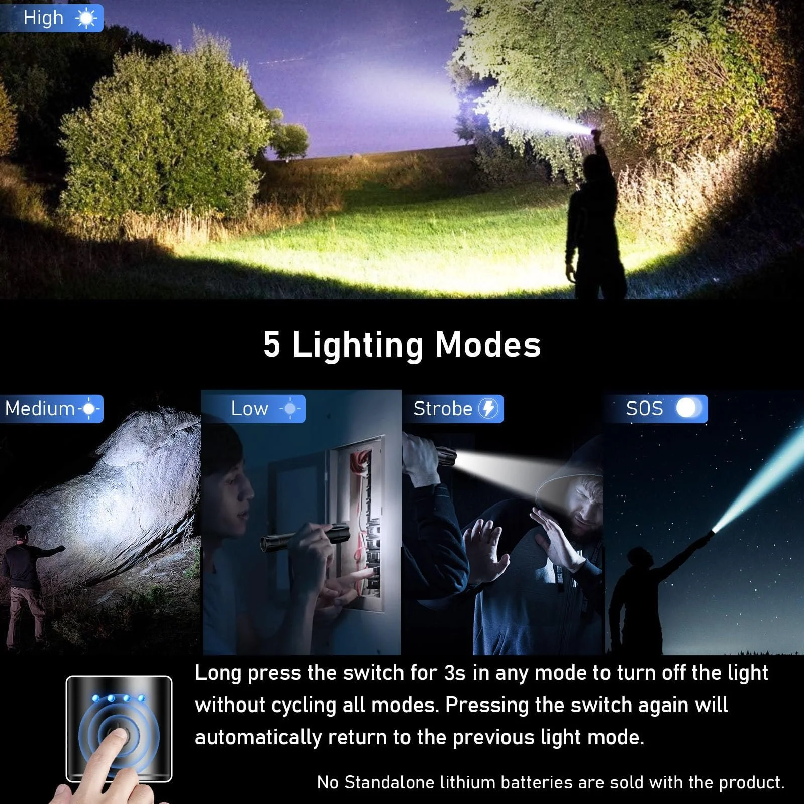 LED ліхтар Blukar, 2000 люмен, масштабований, 5 режимів освітлення, IPX6 водонепроникний для кемпінгу, походів, риболовлі, надзвичайних ситуацій, фото №4