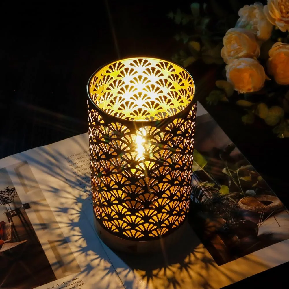 Настільна лампа JHY DESIGN акумуляторна з таймером на 6 годин бездротова 19 см з дерев'яною основою віялоподібний візерунок, фото №4