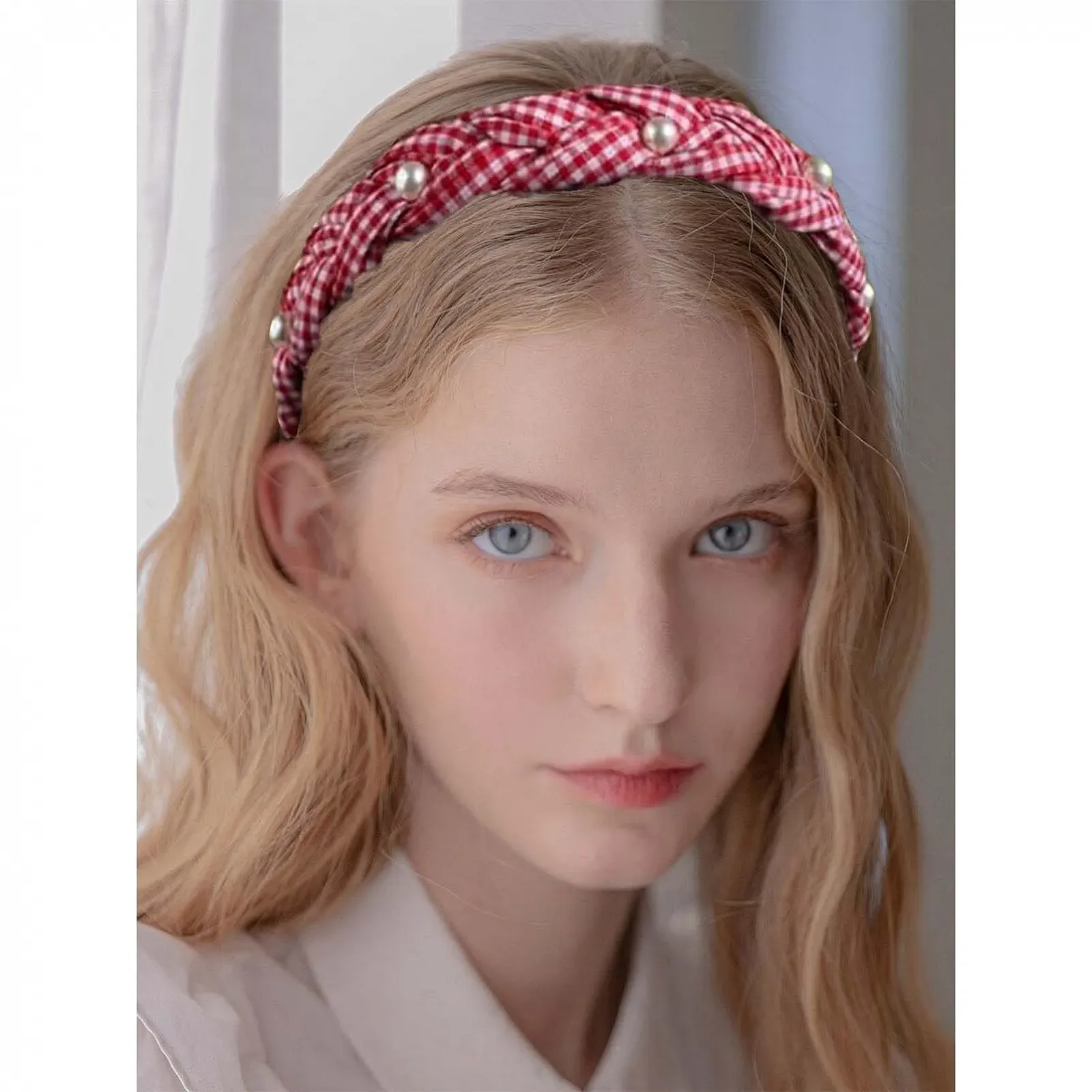 Жіночий обруч для волосся в клітинку плетений з перлинами, фото №5