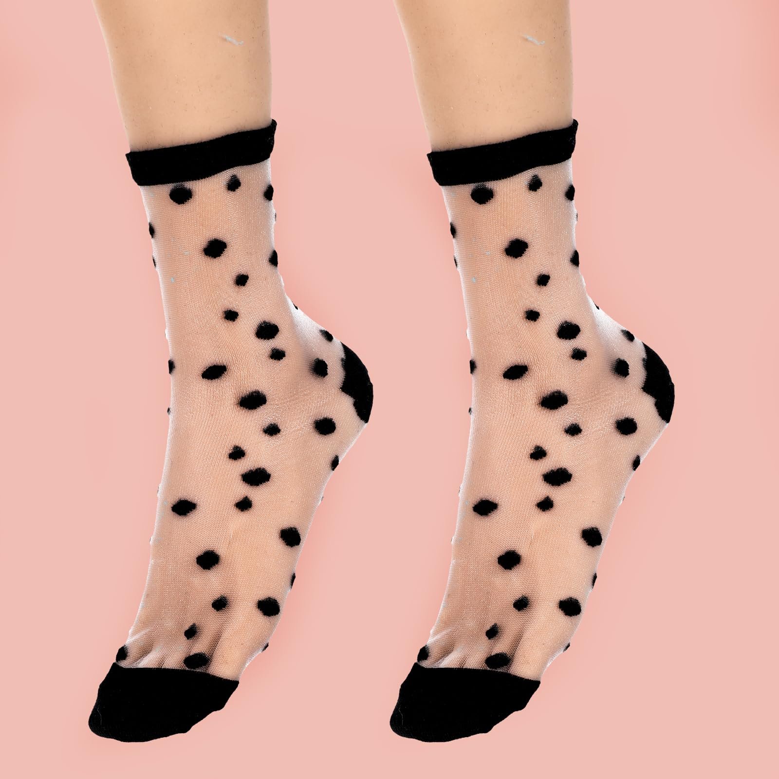 Носки Lusofie Прозрачные Женские Короткие в горошек полосатые клетчатые с рюшами Черные Прозрачные Щиколотки Сетчатые Летние Тонкие Модные Носки, черный, Универсальный размер, фото №6