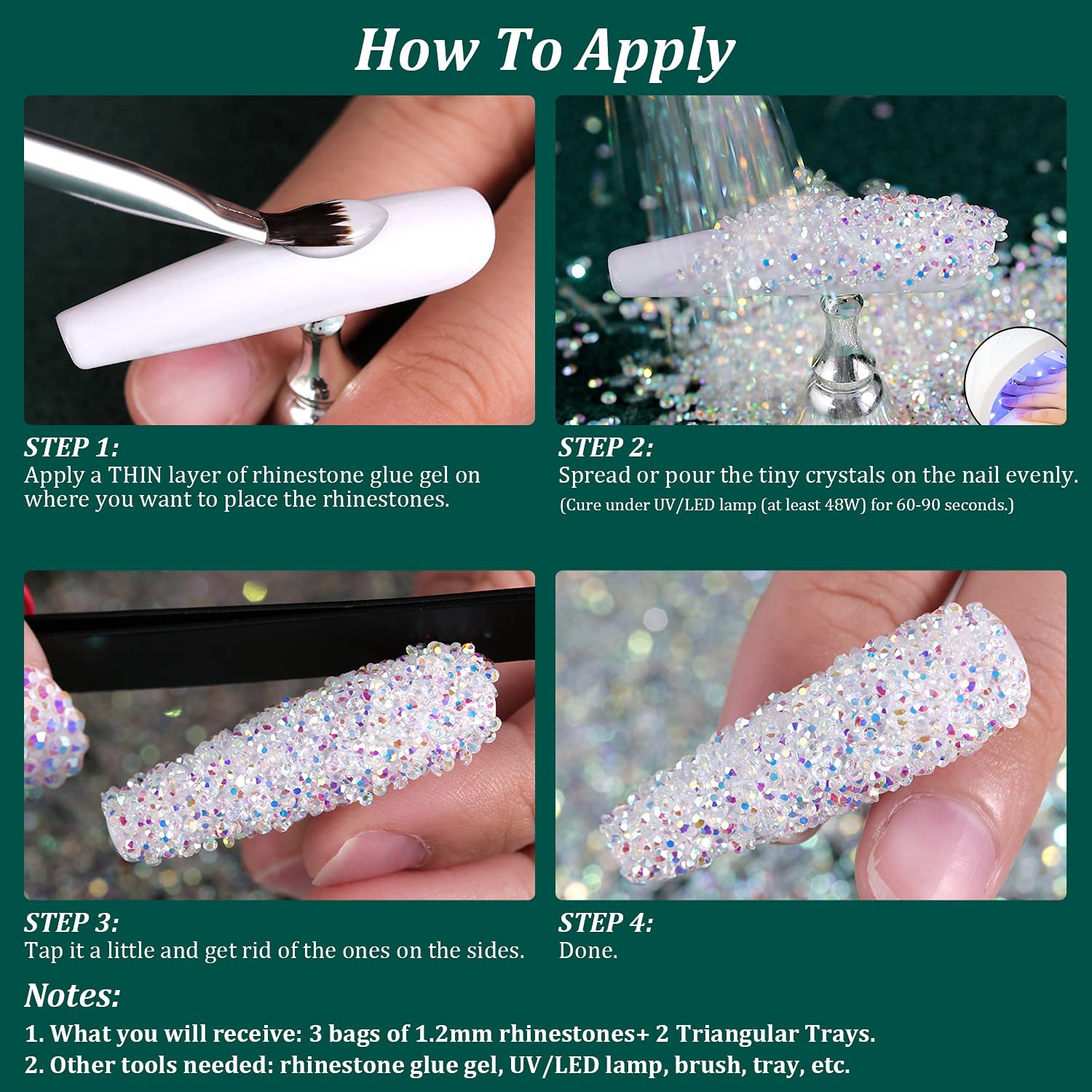 Стрази для нігтів BELLEBOOST 1.2 мм Діамант Скляні намистини Райдужні, фото №6