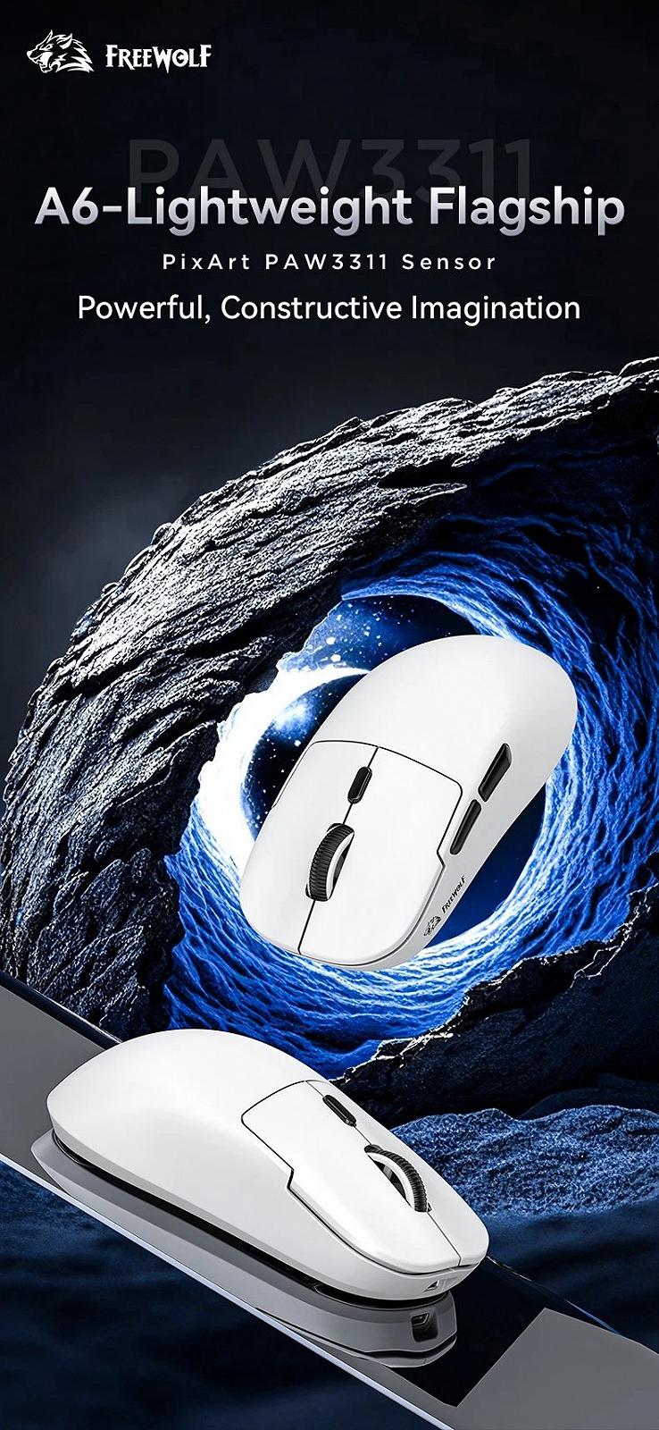 Миша FreeWolf A6 White 24000DPI PAM3311 1000Hz 59г, фото №10