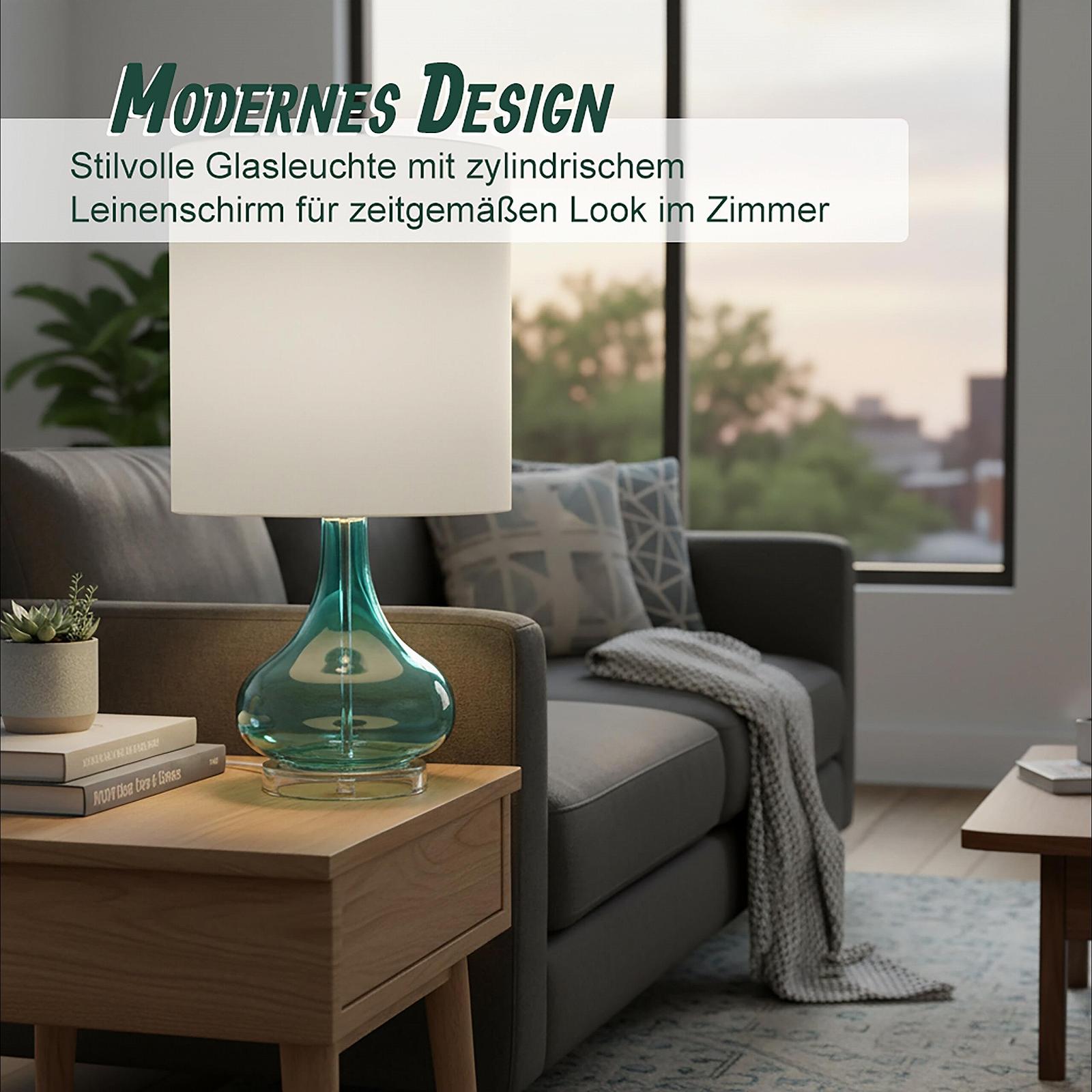 Настільна лампа Relaxdays зі скляною основою та тканинним абажуром E27 62 x 30,5 см Білий/Блакитний, фото №3