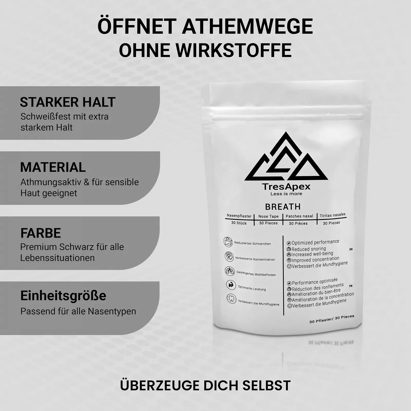 Носові пластирі TresApex BREATH, 30 шт., чорні, для полегшення дихання під час сну та занять спортом, фото №3 Носові пластирі TresApex BREATH, 30 шт., чорні, для полегшення дихання під час сну та занять спортом, фото №3
