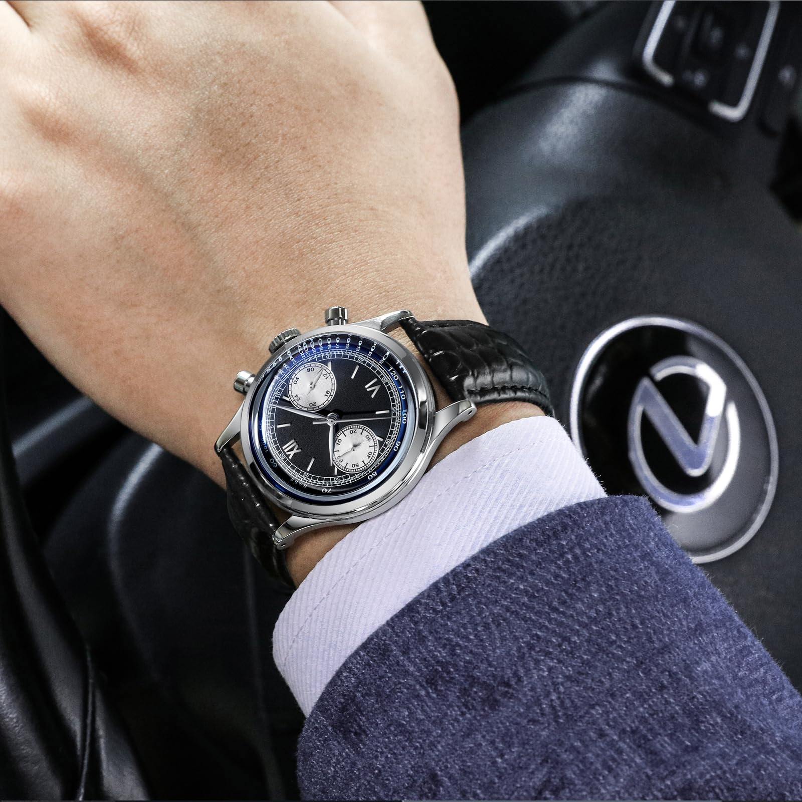 Годинник ADDIESDIVE Quartz Чоловічий Хронограф Чорний Шкіряний Ремінець 100 м Водонепроникний Чорний-2037 Сучасний, фото №6