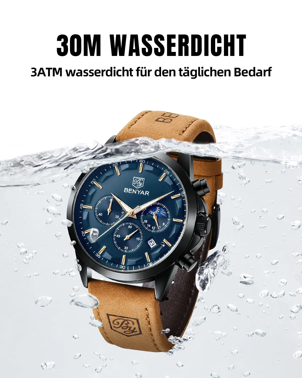 Годинник чоловічий Benyar Хронограф Кварцовий Шкіряний ремінець / нержавіюча сталь, фото №4