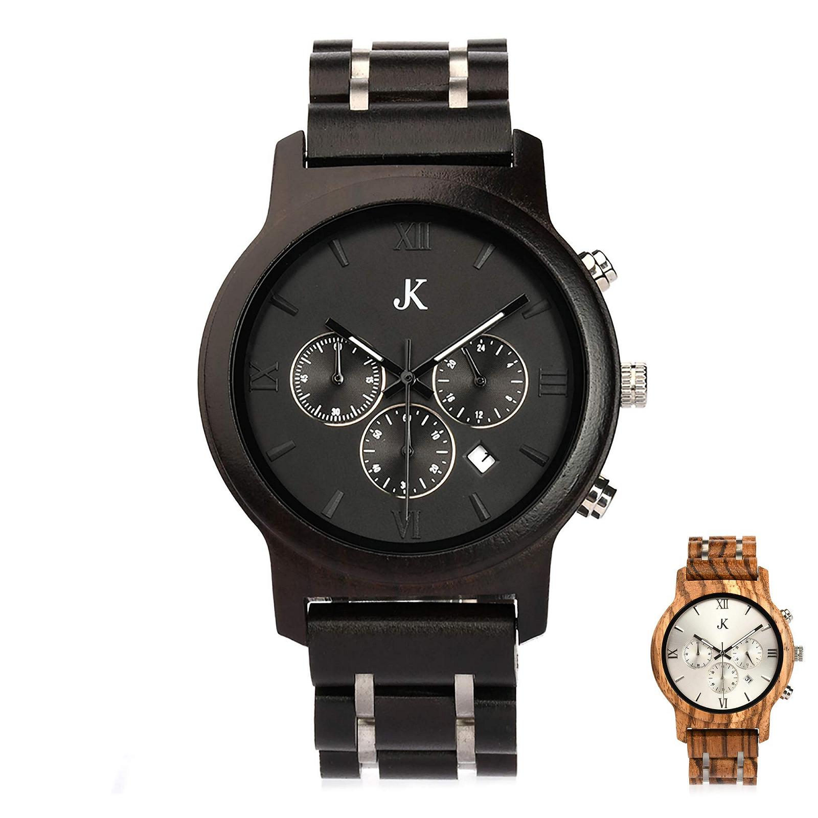 Чоловічий годинник Kim Johanson Air Force Дерев'яний Нержавіюча сталь Світло-коричневий і темно-коричневий Хронограф з браслетом Ланцюгове Ручна робота Кварцовий Аналоговий з подарунковою коробкою, фото №1