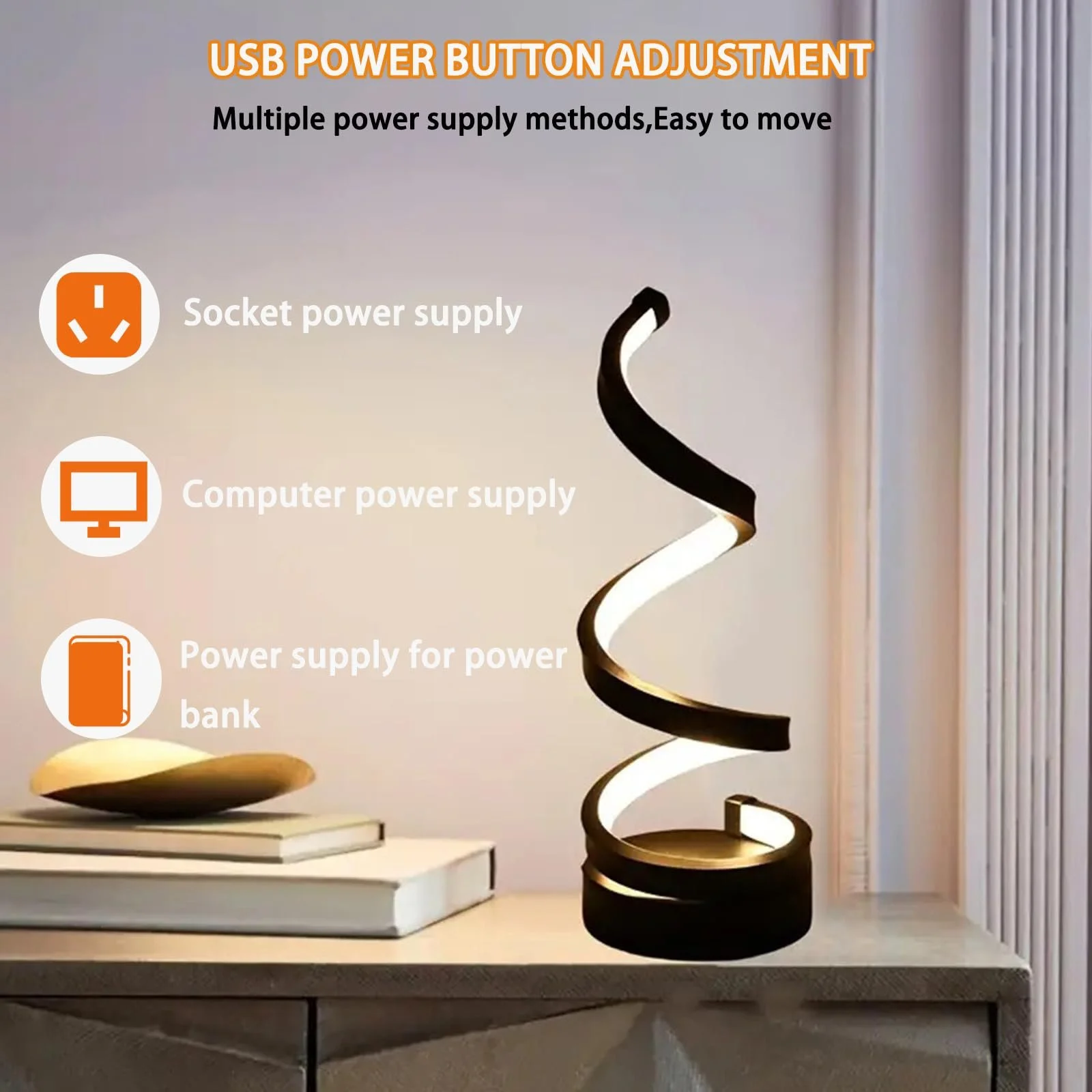 Настільна лампа LED Spiral Design Dimmable USB Чорна 12 x 4 дюйми, фото №4