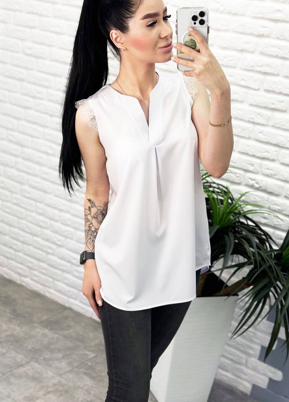 Женская легкая летняя удлиненная блуза с кружевом GF04171 цвет белый размер 48, фото №4