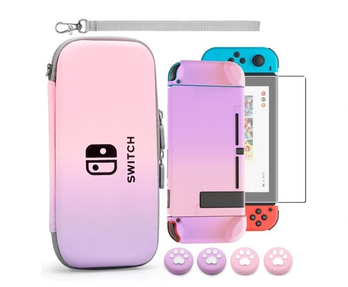 Супер комплект Кейс soft touch чехол стекло 2 накладки для Nintendo Switch OLED Purple-Pink, фото №1