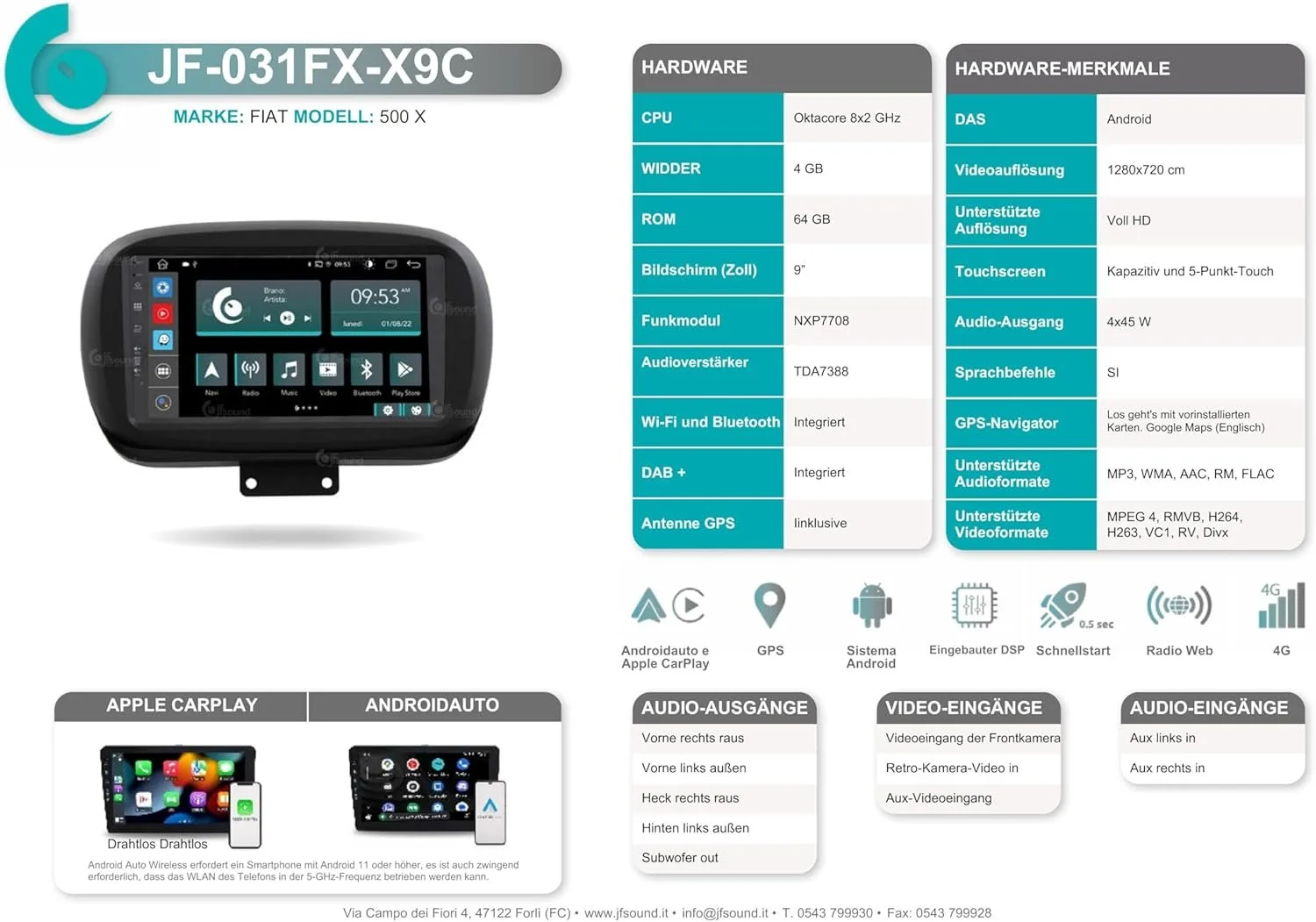 Штатна автомагнітола JFSound JF-031FX-X9C для FIAT 500X / 9" / Сенсорна / 2/32Гб / Android 12 / Apple CarPlay / Android Auto / Bluetooth / WI-FI / GPS / USB / DAB+, фото №4 Штатна автомагнітола JFSound JF-031FX-X9C для FIAT 500X / 9" / Сенсорна / 2/32Гб / Android 12 / Apple CarPlay / Android Auto / Bluetooth / WI-FI / GPS / USB / DAB+, фото №4